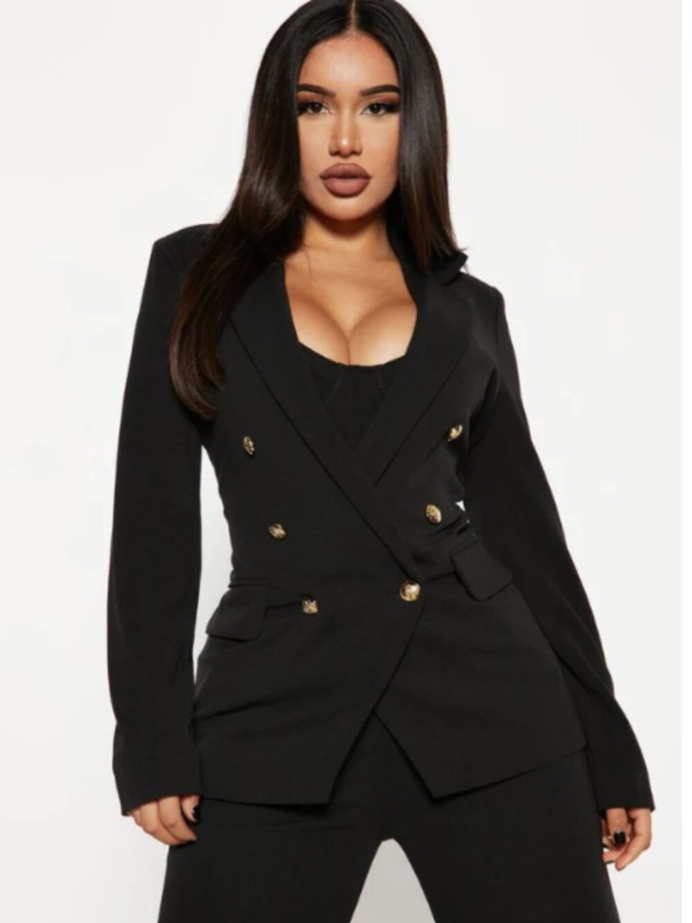 Fashion Nova New Black Double-Breasted Blazer with Gold Buttons